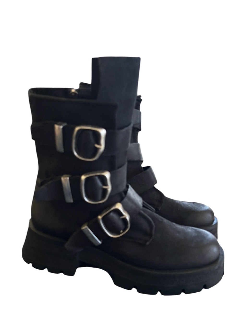 Steve Madden Roland Lug Sole Moto Boot Black Size 10 3 Buckle Leather Side Zip